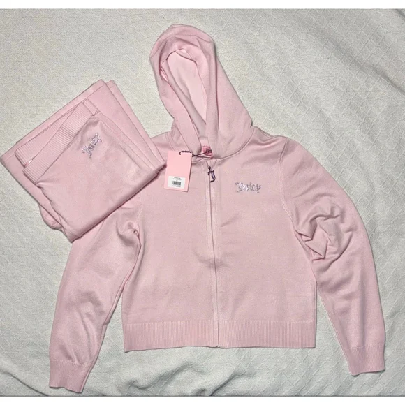 NWT Juicy Couture "Whisper" Baby Pink Bling Rhinstone Logo Knit Tracksuit Sz XL - Picture 1 of 10
